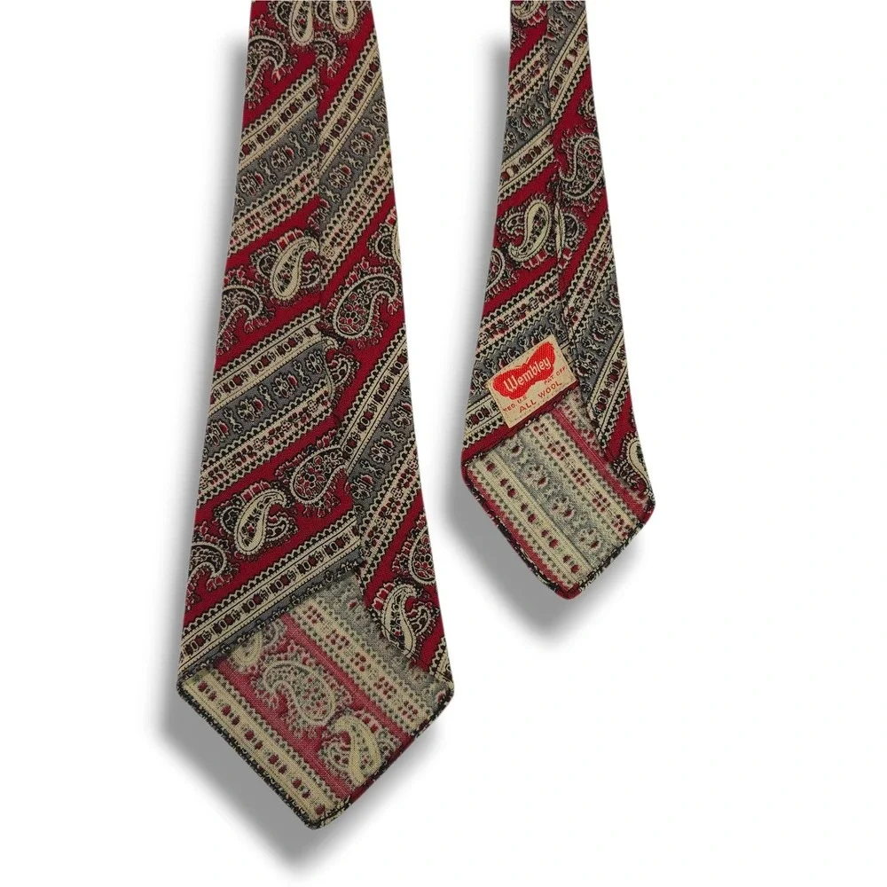 Wembley Vintage All Wool Necktie Paisley Stripe Red Gray Tan Wide Heritage OS‎